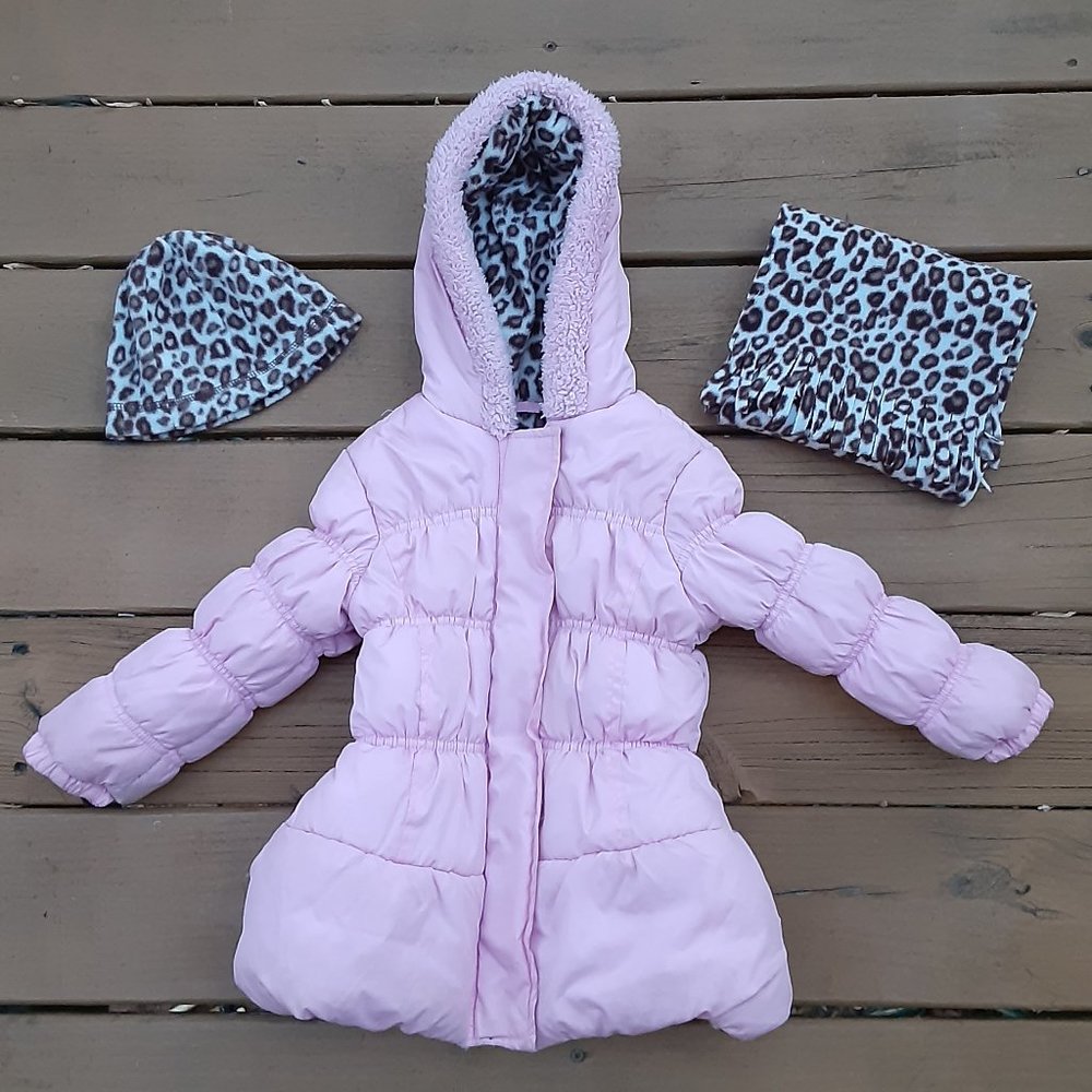 Girl's Pink Bubble Coat with Leopard Print Hat & Scarf